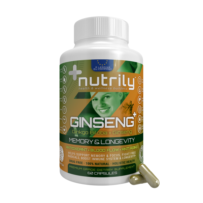 Ginseng+ Ginkgo Biloba & Ginseng - Anti Aging, Memory, Longevity & Blood Flow - Herbal Blend + Antioxidants by Nutrily™