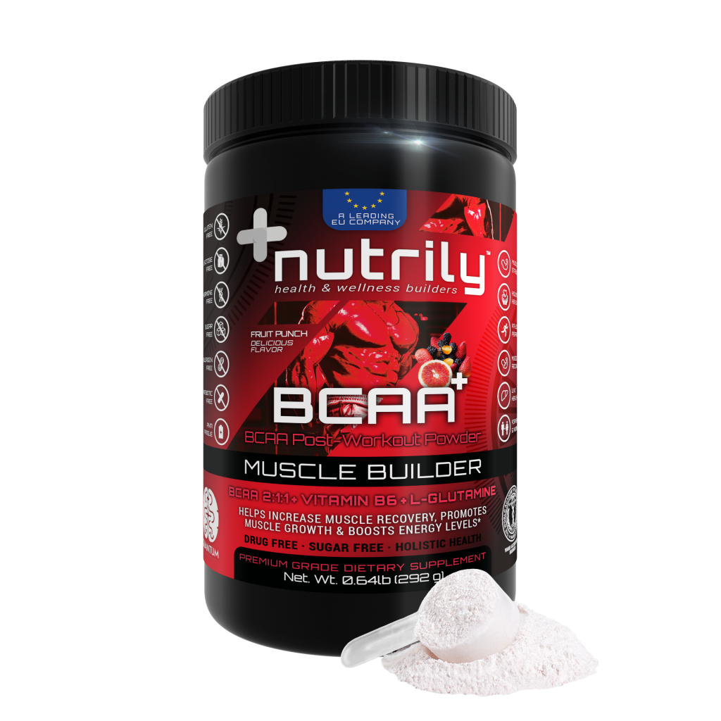 BCAA+ Post Workout - Fruit Punch - 292 g - Muscle Builder + Energy Boost - Vitamin B6 + BCAA + L-Glutamine + L-Leucine + L-Valine by Nutrily