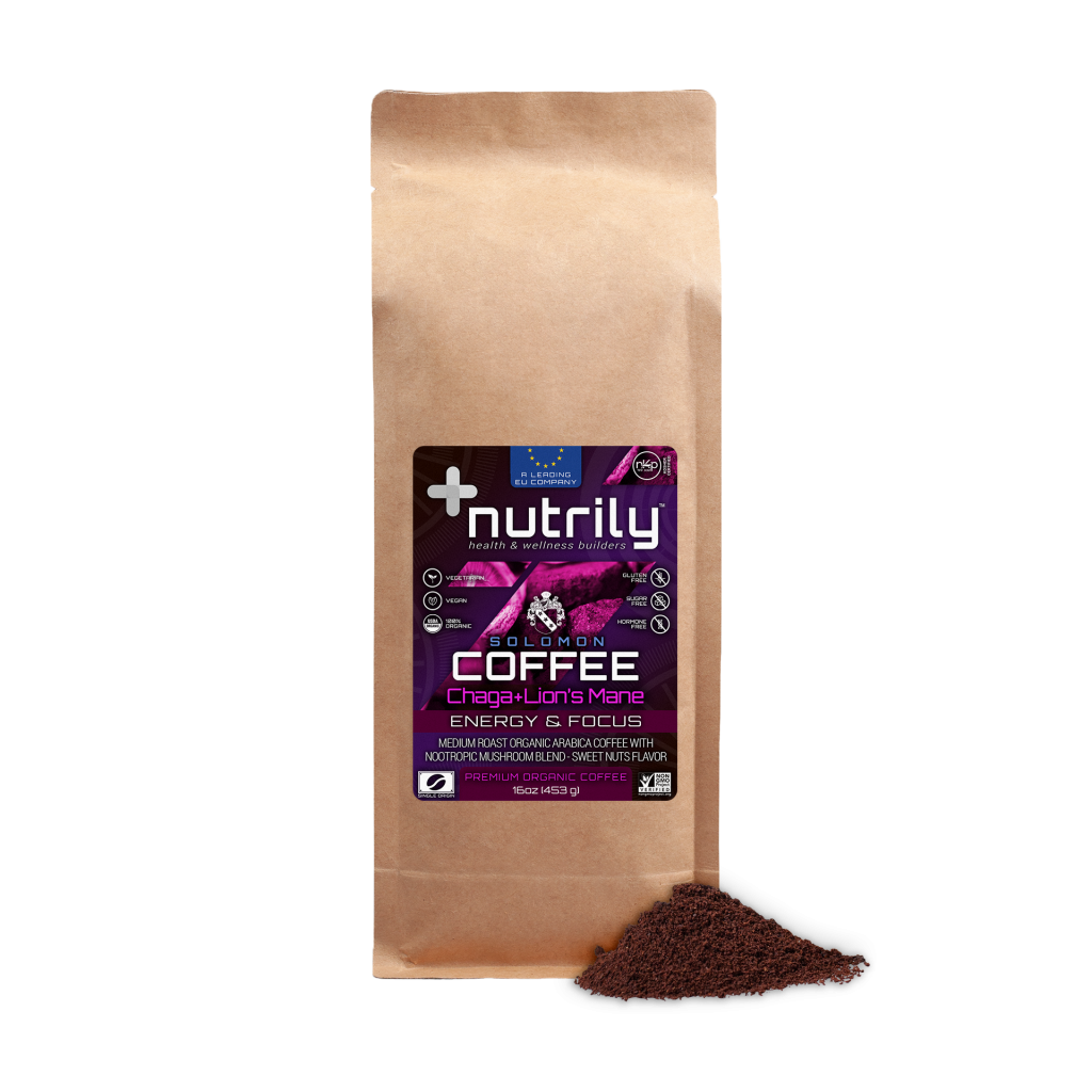 Premium Organic Coffee - Mushroom Fusion - Chaga + Lion's Mane - Sweet Nuts Flavor - 16oz - Nootropic + Memory + Energy - Solomon Coffee Blend by Nutrily™