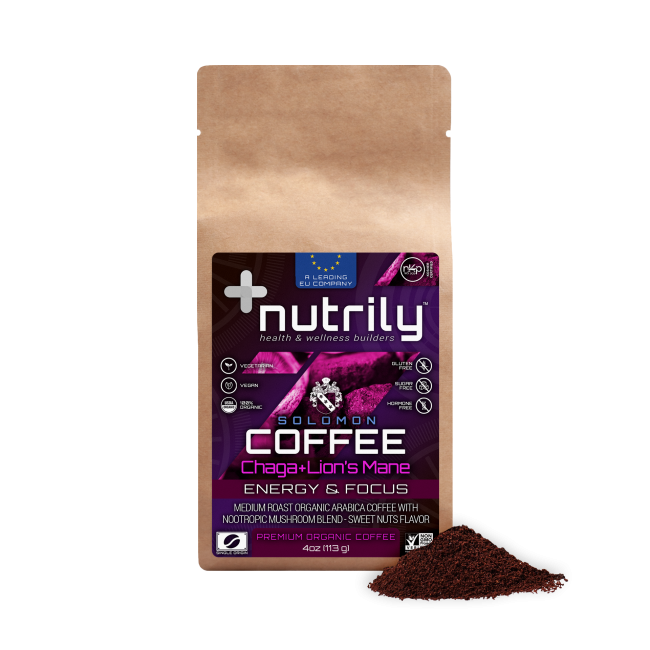Premium Organic Coffee - Mushroom Fusion - Chaga + Lion's Mane - Sweet Nuts Flavor - 4oz - Nootropic + Memory + Energy - Solomon Coffee Blend by Nutrily™
